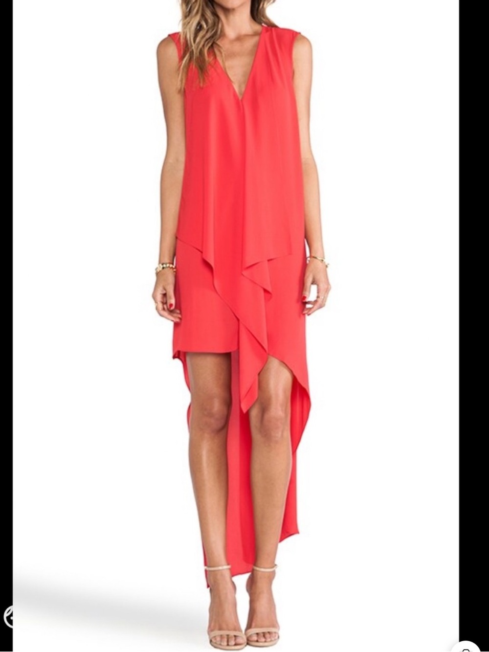 BCBGMaxAzria Ruffled Tara High-Low V-Neck Dress in Coral Red Size M Asymmetrical